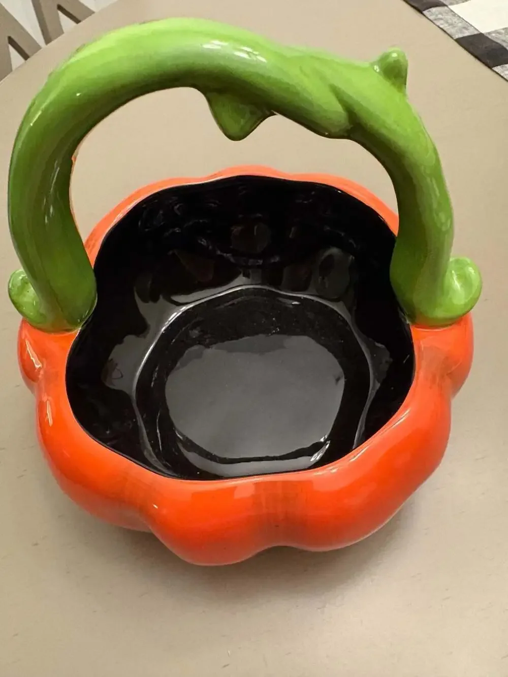 Ceramic Jack-O-Lantern Candy Bowl Basket with Twisted Branch Handle